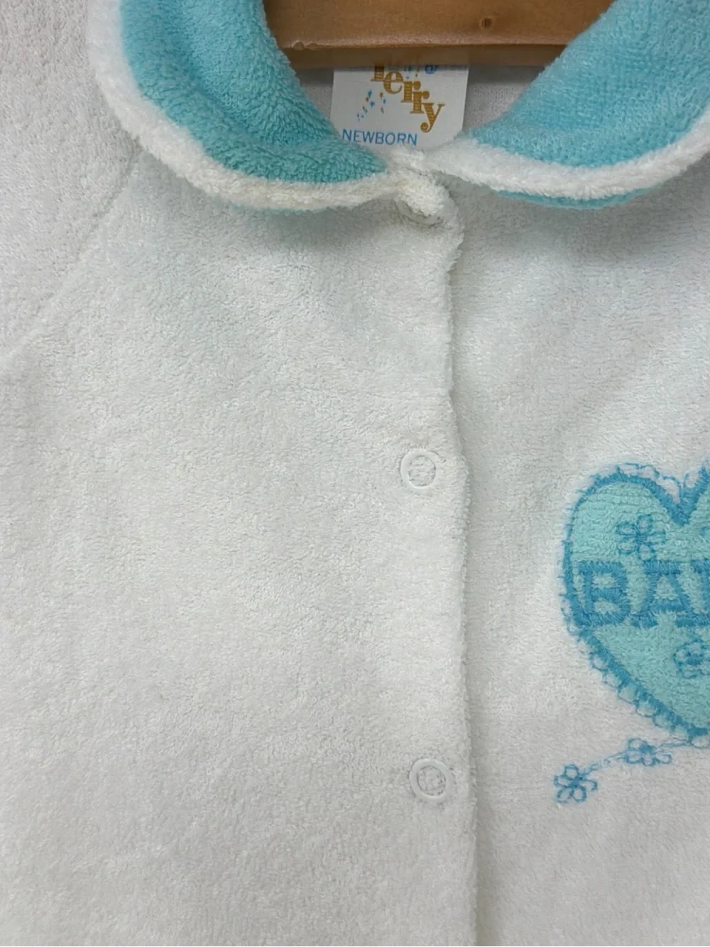 Vintage Infant Terry Footed Sleep Suit in White with Blue Trim Size Newborn